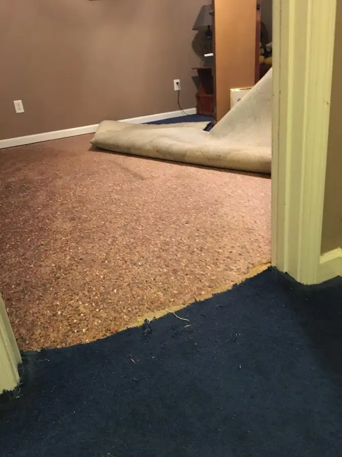 Carpet pad removal revealing water damage during Water Mitigation Services in Bethel